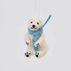 Handmade needle-felted Chilly Polar Bear ornament from Craftspring rotating to show front, side, and back views—featuring a cozy blue scarf and detailed needle felting, showcasing heirloom craftsmanship, ethically crafted by artisans using sustainable wool.