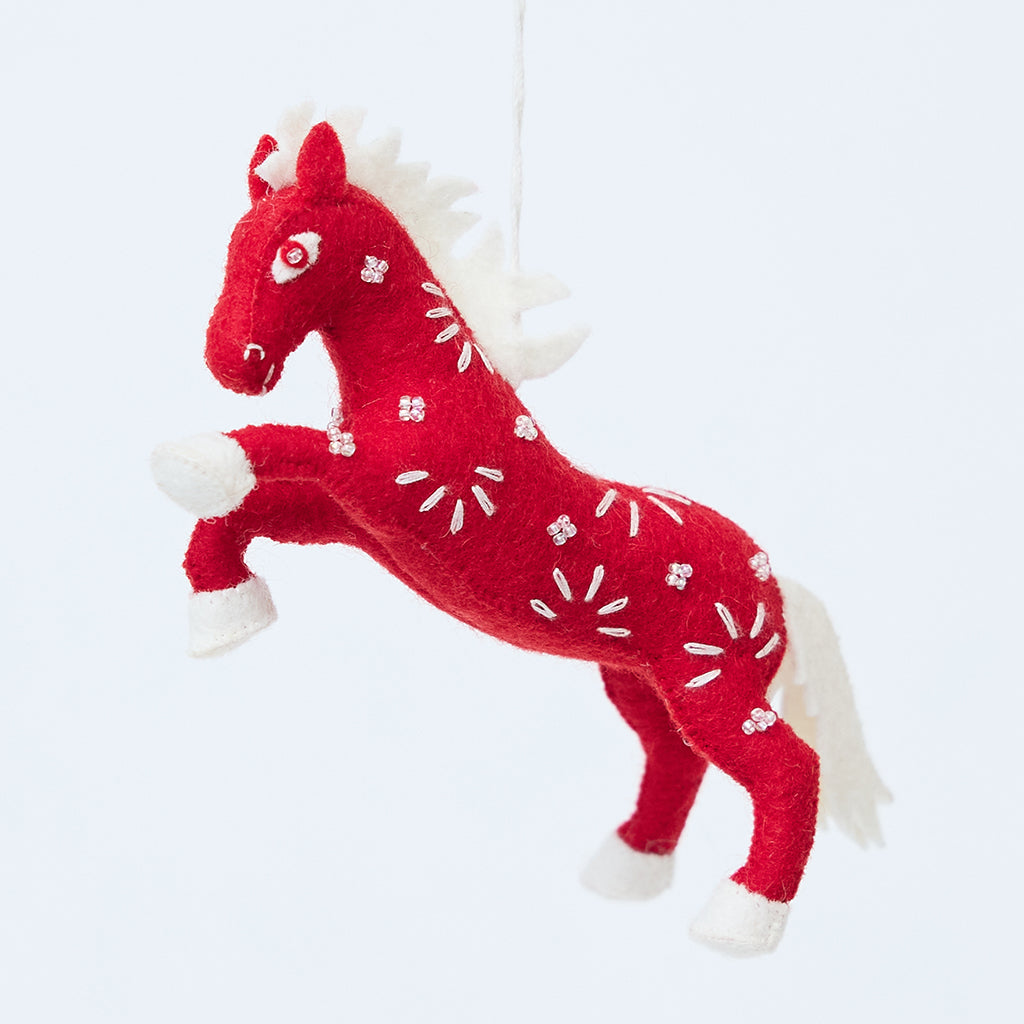 Handmade felt Chinese Red Horse Ornament from Craftspring, with intricate beaded and embroidered details that honor Lunar New Year traditions — heirloom-quality holiday decor, ethically crafted by artisans using sustainable wool.
