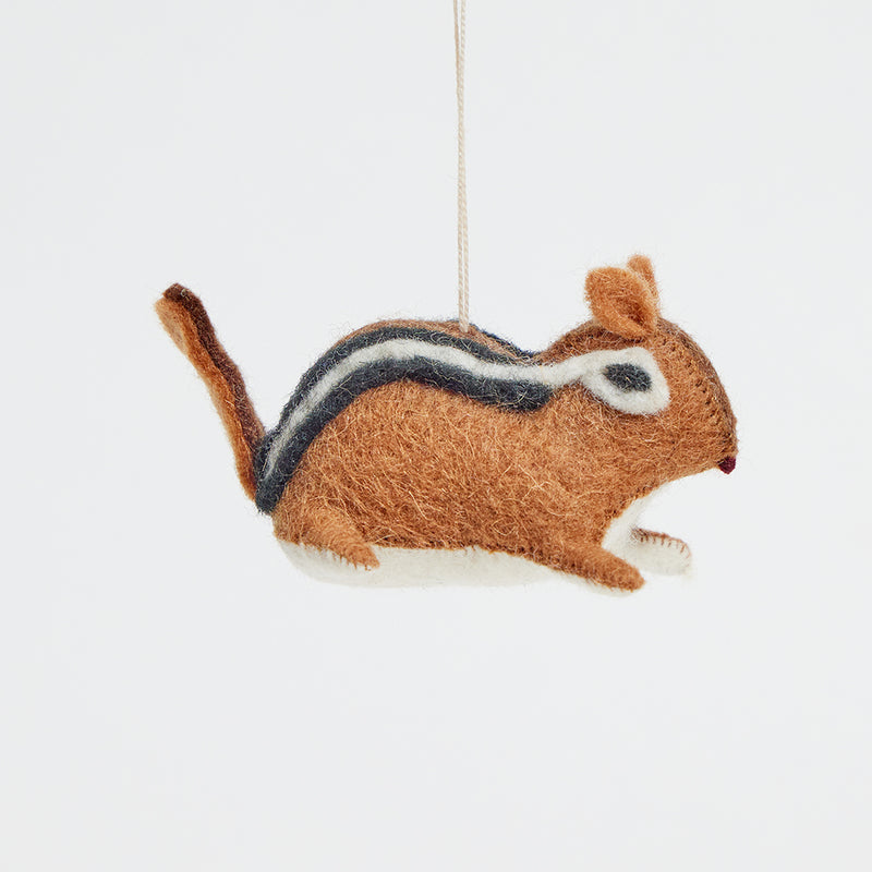 Eco-conscious chipmunk ornament made from locally sourced wool, representing a forest creature full of charm and character—part of a nature-inspired ornament collection
