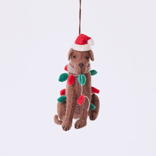 Craftspring’s Chocolate Lab in Christmas Lights Ornament rotating to show front, side, and back views — felt dog wrapped in Christmas lights and wearing a Santa hat, a whimsical ornament perfect for holiday gifting — heirloom-quality Christmas decor, ethically crafted by artisans using sustainable wool.
