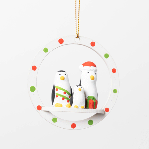 Holiday Penguins Wood Ornament
