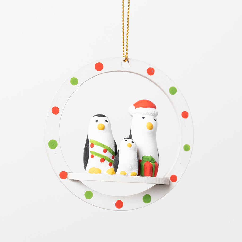 Holiday Penguins Wood Ornament