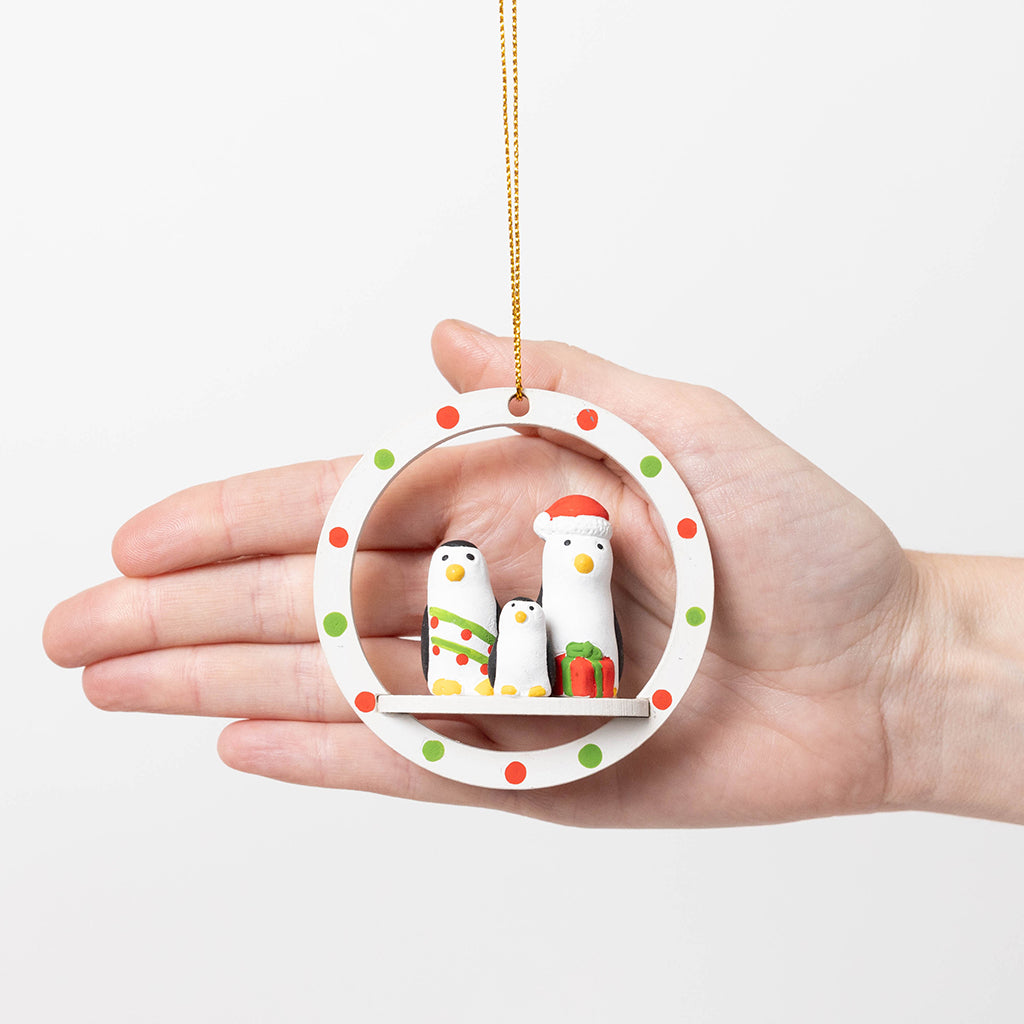 Holiday Penguins Wood Ornament