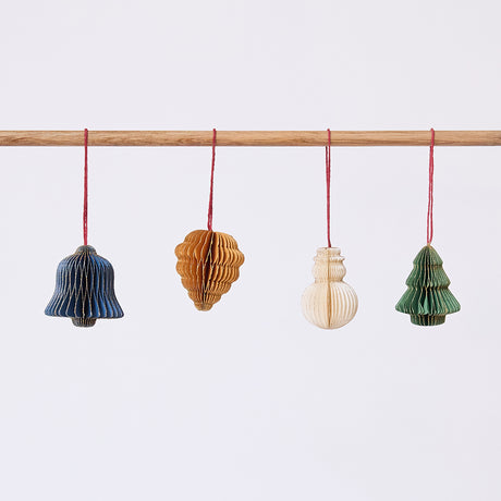 Craftspring’s Classic Christmas Honeycomb Paper Mini Ornaments — Set of 4, featuring a snowman, bell, pinecone, and tree, each in a different color with gold sparkly edges — handmade by artisans from recycled cotton waste, perfect for Christmas decorating.