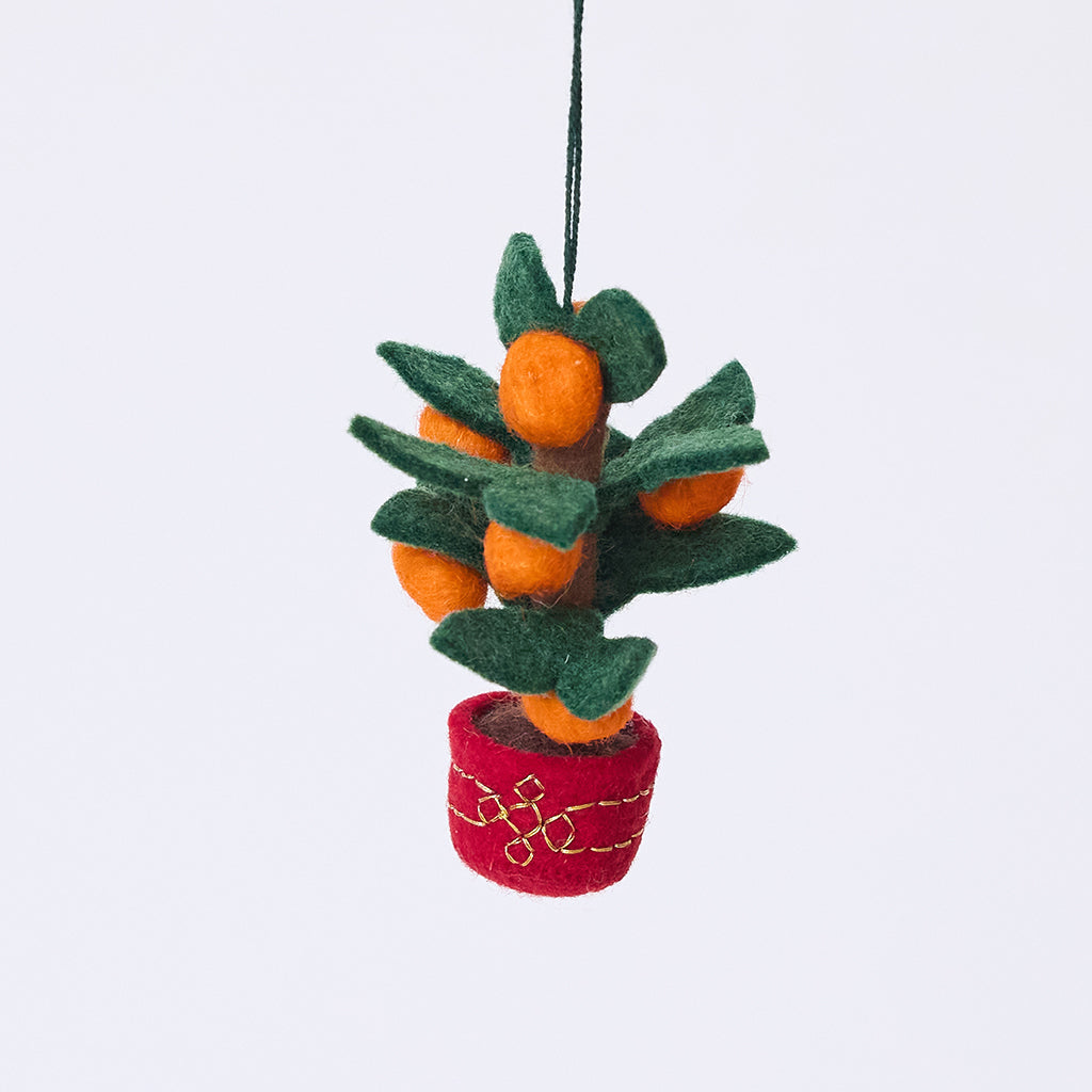 Handmade felt Clementine Tree Ornament from Craftspring, featuring a red pot with gold embroidery and a tree with eight bright clementines — heirloom-quality Christmas and Lunar New Year decor, a joyful symbol of abundance and gifting, ethically crafted by artisans using sustainable wool.
