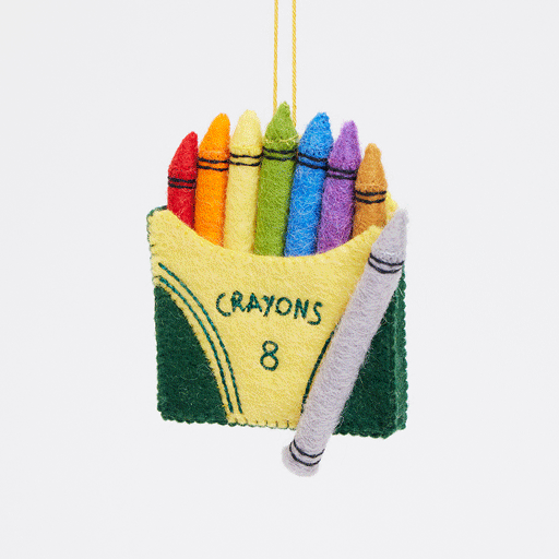 Felt crayon box ornament with colorful details, handmade and fair trade.
GIF