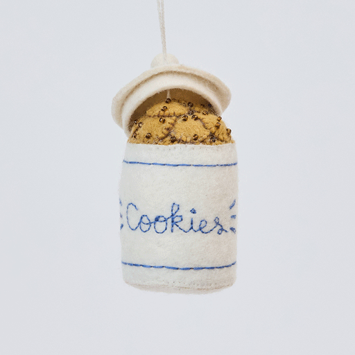 Handmade felt Cookie Jar ornament from Craftspring rotating to show front, side, and back views—featuring embroidered and beaded chocolate chip cookies in a classic jar design, showcasing heirloom-quality craftsmanship, ethically crafted by artisans using sustainable wool.