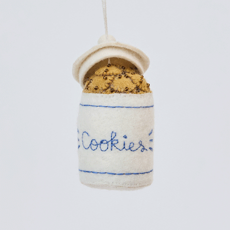 Handmade felt Cookie Jar ornament from Craftspring rotating to show front, side, and back views—featuring embroidered and beaded chocolate chip cookies in a classic jar design, showcasing heirloom-quality craftsmanship, ethically crafted by artisans using sustainable wool.