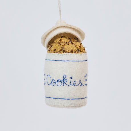 Handmade felt Cookie Jar ornament from Craftspring, featuring a classic cookie jar filled with chocolate chip cookies and detailed with embroidery and beads—heirloom-quality Christmas decor, ethically crafted by artisans using sustainable wool.