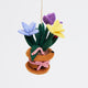 Whimsical Spring Crocus Flower Pot ornament handcrafted from felted wool, featuring blooming crocuses, a bow, and tiny insects including a ladybug, worm, and ants