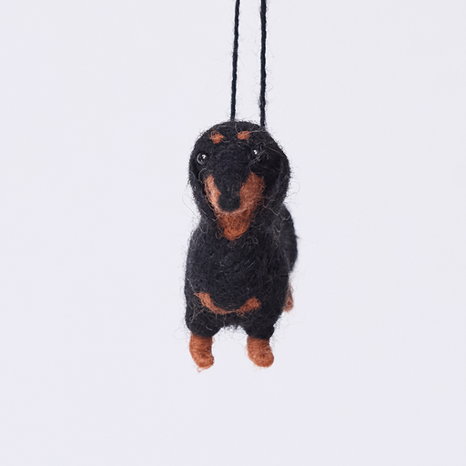 Handmade needle-felted Dachshund Ornament from Craftspring rotating to show front, side, and back views—highlighting its short legs and cute face, ethically crafted by artisans using sustainable wool.