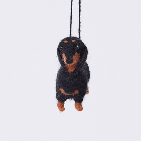 Handmade needle-felted Dachshund Ornament from Craftspring rotating to show front, side, and back views—highlighting its short legs and cute face, ethically crafted by artisans using sustainable wool.