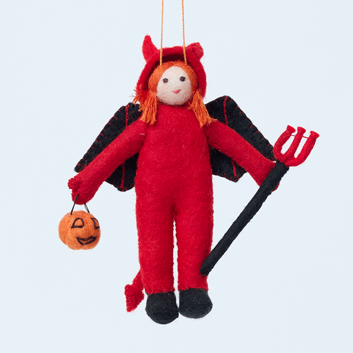 Handmade felt Devil Trick-Or-Treater Ornament from Craftspring rotating to show front, side, and back views—girl in a devil costume, detailed for Halloween, heirloom-quality decor, ethically handcrafted by artisans using sustainable wool.