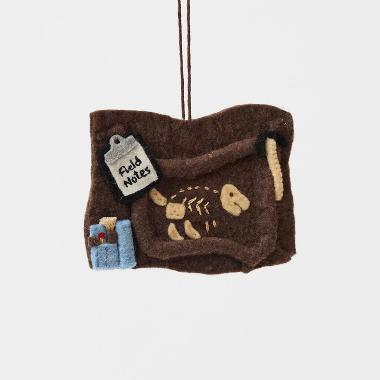 Unearth a piece of prehistoric wonder with our Felt Dinosaur Bones Ornament. Carefully handcrafted by skilled artisans using sustainable wool felt, this charming ornament features an excavation scene complete with partially uncovered dinosaur fossils, excavation tools, field notes, and scientific equipment.