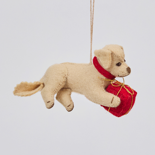 Handmade felt Dog with Gift ornament from Craftspring rotating to show front, side, and back views—featuring a pup with a red present between its paws, showcasing heirloom-quality details, ethically crafted by artisans using sustainable wool.