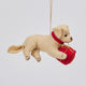 Handmade felt Dog with Gift ornament from Craftspring, featuring a pup with a red present between its paws and detailed stitching—heirloom-quality holiday decor, ethically crafted by artisans using sustainable wool.
