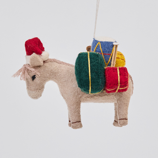 Handmade felt Donkey with Gifts ornament from Craftspring rotating to show front, side, and back views—featuring a Santa hat and toys on its back, showcasing festive Christmas charm and heirloom-quality craftsmanship, ethically crafted by artisans using sustainable wool.