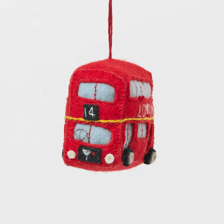A handmade felt Double Decker London Bus ornament celebrating iconic British landmarks, London adventures, and festive holiday travel.