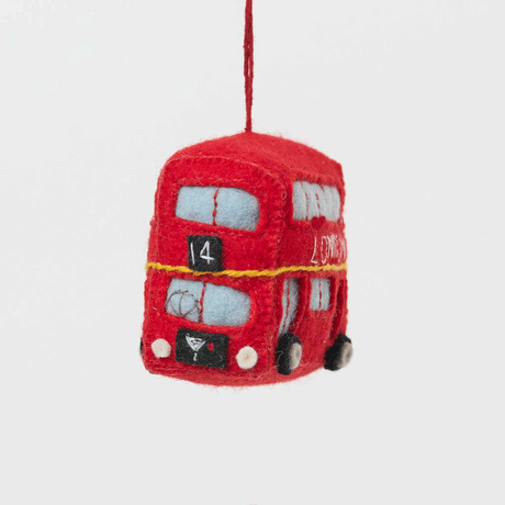 A handmade felt Double Decker London Bus ornament celebrating iconic British landmarks, London adventures, and festive holiday travel.