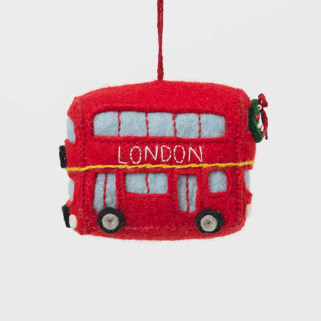 A handmade felt Double Decker London Bus ornament celebrating iconic British landmarks, London adventures, and festive holiday travel.