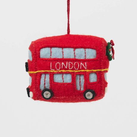 A handmade felt Double Decker London Bus ornament celebrating iconic British landmarks, London adventures, and festive holiday travel.
