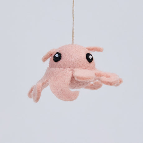 Handmade felt Dumbo Octopus ornament from Craftspring, featuring adorable curly pink tentacles and detailed embroidery—heirloom-quality Christmas decor, ethically crafted by artisans using sustainable wool.