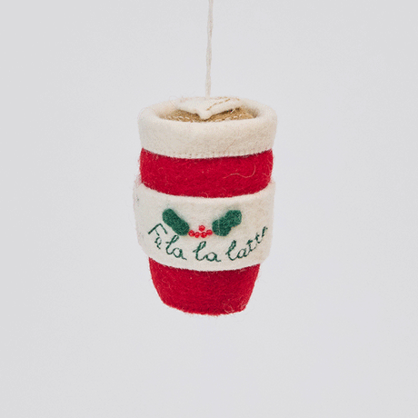 Handmade felt Fa La La Latte ornament from Craftspring rotating to show both sides and the top—featuring festive details like a Christmas tree, “Fa la la latte” text with holly, and a heart-shaped latte foam, ethically crafted by artisans using sustainable wool.