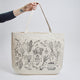Eco-friendly canvas tote with whimsical fruit and vegetable illustrations – locally made in Brooklyn from up-cycled cotton.