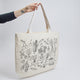 Line art of Craftspring ornaments including strawberries, carrots, peas, garlic, corn, and berries – screen printed on cotton canvas tote.