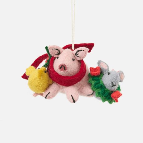  Our Festive Farm Animals Ornament brings together an adorable pink pig, a fluffy yellow chick, and a sweet gray bunny, all bundled up for the holidays. The pig wears a cozy red scarf with festive holly leaves, while the bunny sports a whimsical green holiday wreath with bright red bows. 