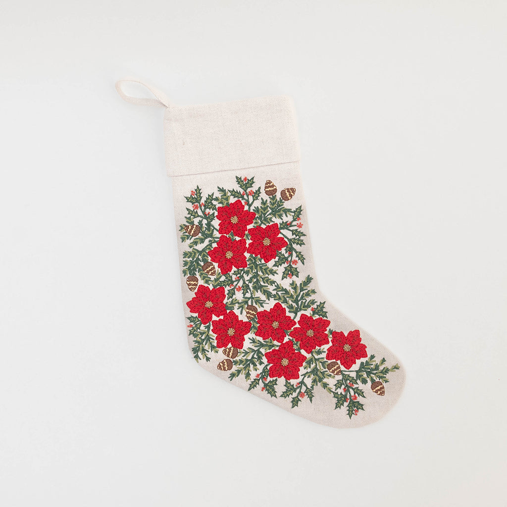 Festive Poinsettia Linen Stocking - Natural