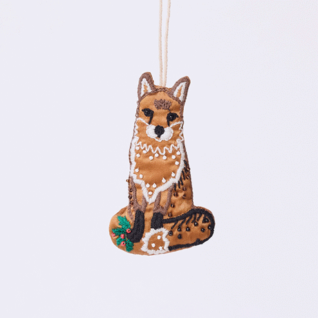 Handmade satin Fox Beaded Ornament from Craftspring rotating to show front, side, and back views—featuring intricate beaded and embroidered details, ethically crafted by artisans using sustainable materials.