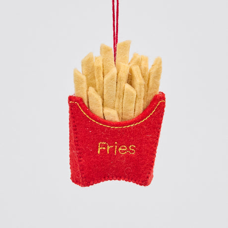 Handmade felt French Fries ornament from Craftspring, featuring golden fries with playful embroidered details—heirloom-quality holiday decor perfect for food lovers, ethically crafted by artisans using sustainable wool.