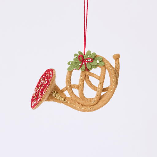 Handmade felt French Horn Ornament from Craftspring rotating to show front, side, and back views — decorated with intricate golden embroidery, beading, and mistletoe on top, heirloom-quality holiday decor ethically crafted by artisans using sustainable wool.