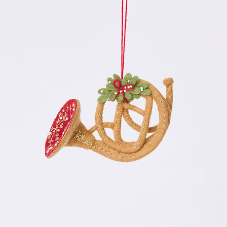 Handmade felt French Horn Ornament from Craftspring rotating to show front, side, and back views — decorated with intricate golden embroidery, beading, and mistletoe on top, heirloom-quality holiday decor ethically crafted by artisans using sustainable wool.