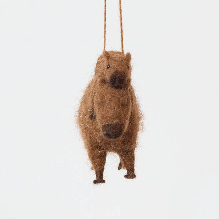 A needle-felted alpaca wool capybara and baby ornament from Peru, symbolizing calm, nurturing love, and gentle family bonds—perfect for meaningful gifting and cozy decor.
