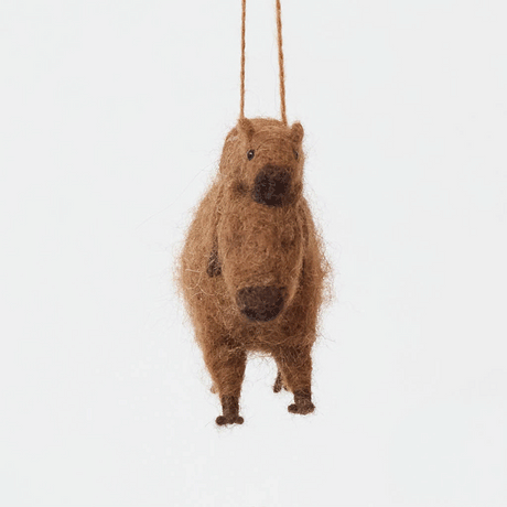 A needle-felted alpaca wool capybara and baby ornament from Peru, symbolizing calm, nurturing love, and gentle family bonds—perfect for meaningful gifting and cozy decor.