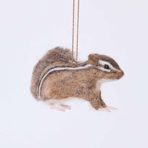 Handmade felt Fuzzy Chipmunk ornament from Craftspring rotating to show front, side, and back views — needle-felted with stripes along its back and a sweet face, ethically crafted by artisans using sustainable wool.