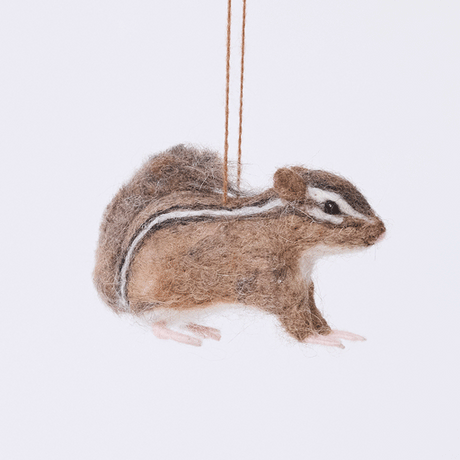 Handmade felt Fuzzy Chipmunk ornament from Craftspring rotating to show front, side, and back views — needle-felted with stripes along its back and a sweet face, ethically crafted by artisans using sustainable wool.