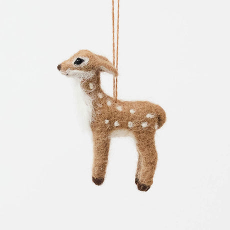 An irresistibly sweet, needle-felted alpaca wool fawn ornament from Peru, featuring delicate white spots, soft fuzzy textures, and lifelike details—bringing the gentle magic of woodland creatures to your Christmas tree.