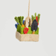 Felt gardening tote with tiny wool tools – handcrafted ornament for green thumbs and garden lovers.