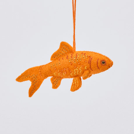 Handmade felt Goldfish ornament from Craftspring rotating to show front, side, and back views—highlighting intricate beaded and embroidered details on orange felt, designed for aquarium lovers and festive gifting, ethically crafted by artisans using sustainable wool.