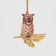 A vintage-inspired Great Horned Owl Resin Ornament, hand-painted in the Philippines and perched on a golden metal oak branch with sculpted leaves.