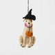 A handmade felt Halloween Lab Ornament featuring a Labrador retriever dressed in a witch hat and carrying a tiny jack-o’-lantern trick-or-treat bucket.