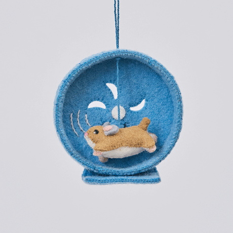 Handmade felt Hamster on a Wheel ornament from Craftspring rotating to show front, side, and back views—featuring cute embroidered details, ethically crafted by artisans using sustainable wool.
