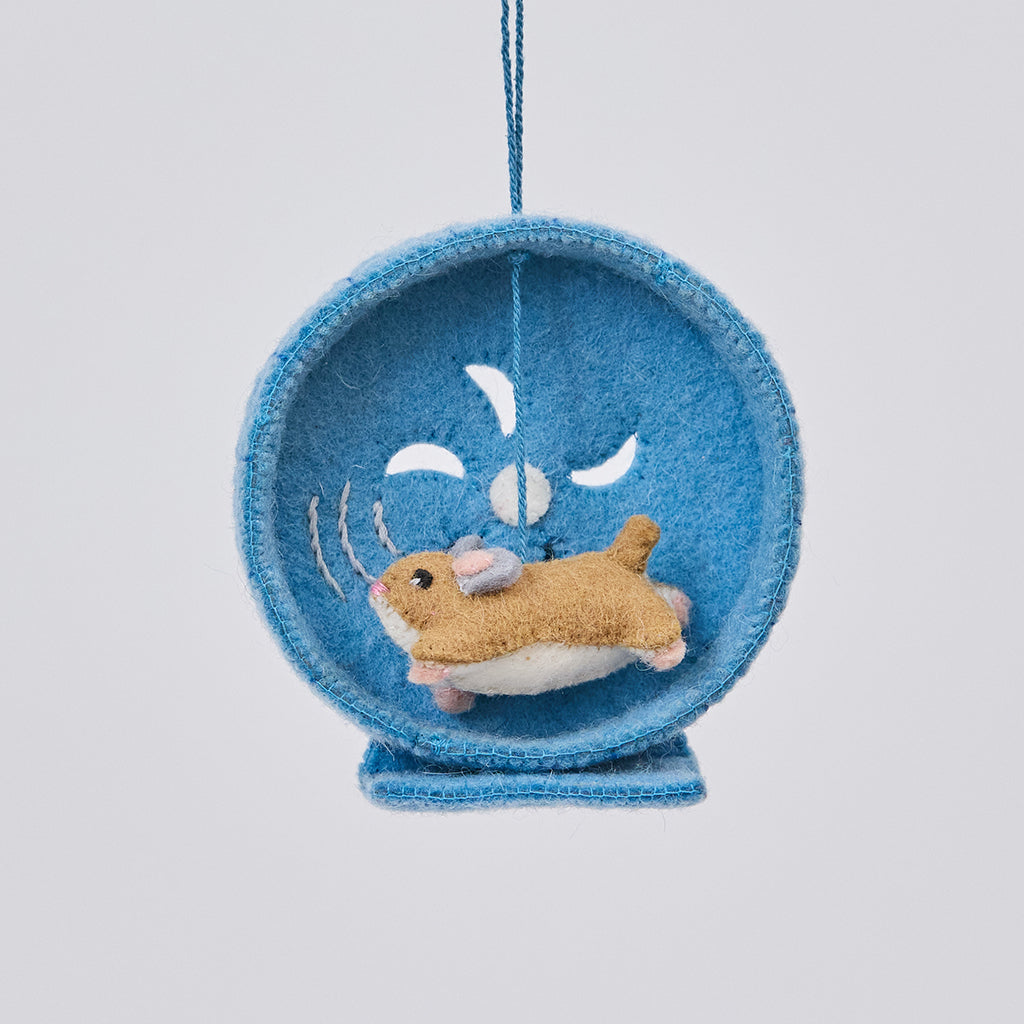Handmade felt Hamster on a Wheel ornament from Craftspring, featuring cute embroidered details—heirloom-quality Christmas decor, ethically crafted by artisans using sustainable wool.