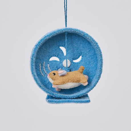 Handmade felt Hamster on a Wheel ornament from Craftspring, featuring cute embroidered details—heirloom-quality Christmas decor, ethically crafted by artisans using sustainable wool.