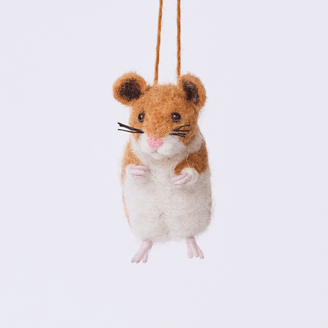 Handmade felt Hamster ornament from Craftspring rotating to show front, side, and back views—needle-felted with whiskers and tiny paws, ethically crafted by artisans using sustainable wool.
