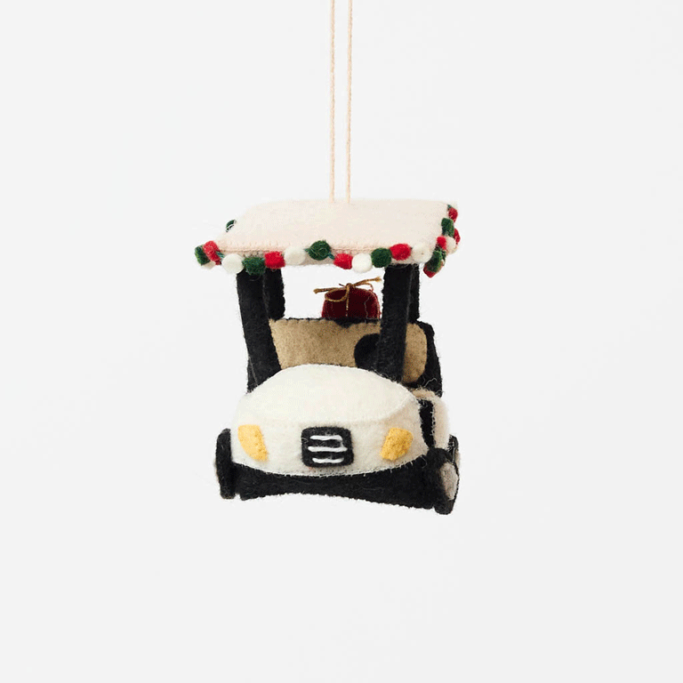 Our Holiday Golf Cart Ornament is ready to roll into the season with tropical flair! Decorated with a cheerful red, green, and white garland around the roof and carrying tiny wrapped presents in the back, this festive golf cart is the perfect ride for Christmas in paradise.
