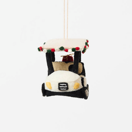 Our Holiday Golf Cart Ornament is ready to roll into the season with tropical flair! Decorated with a cheerful red, green, and white garland around the roof and carrying tiny wrapped presents in the back, this festive golf cart is the perfect ride for Christmas in paradise.